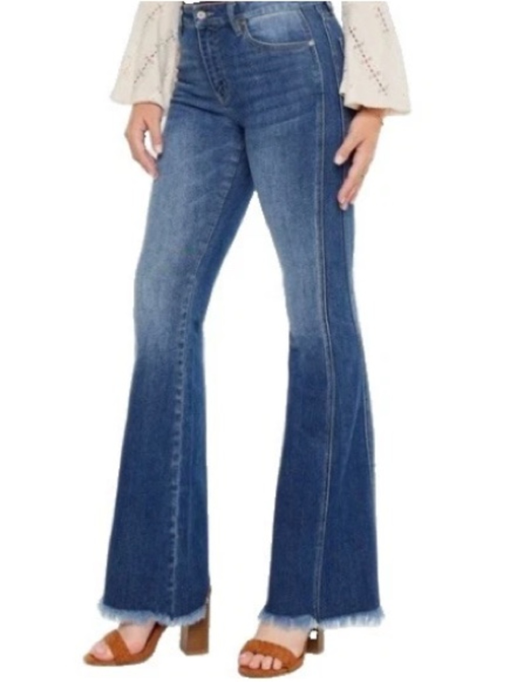 Kancan Annika 26 High Rise Super Flare Jeans Stretch Denim Raw Hem Hippie 1970’s